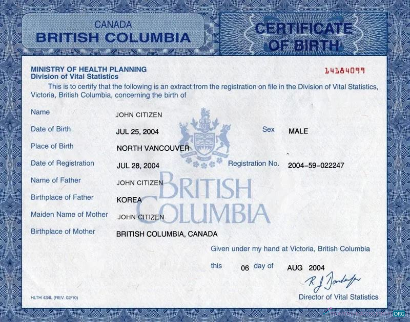 Download Canada Ministry of health planning birth certificate Photoshop template